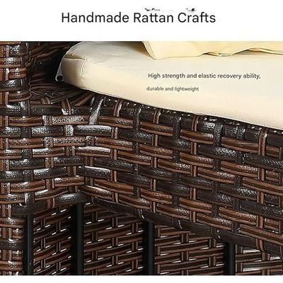 Kustom Deco 3-Piece Patio Bistro Set, Woven Rattan Furniture with Round Glass Table, 2 Cushioned Chairs, Brown L65 x W65 x H75 - Brown