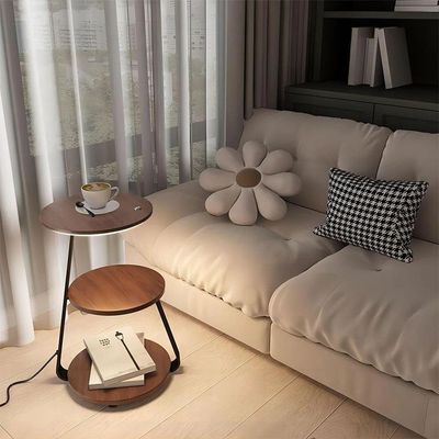 Side Table with Charging Station, Ambient Light and Shelf - Brown