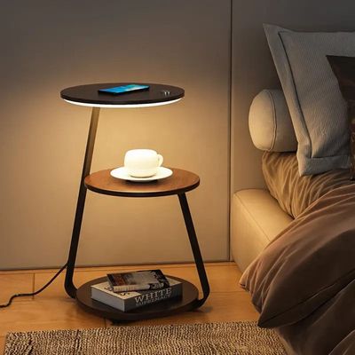 Side Table with Charging Station, Ambient Light and Shelf - Brown