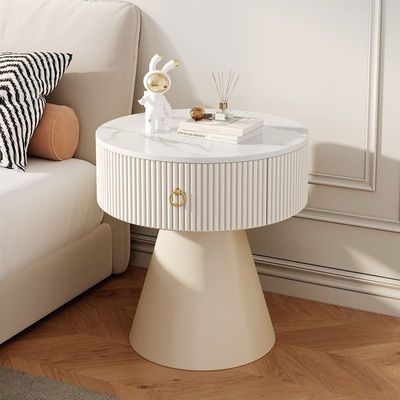 Modern Sintered Stone Side Table, Round Nightstand - Off white