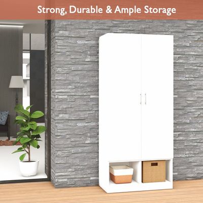 Mahmayi Modern 2 Door Wardrobe, Ample Space with Durable Design, Multiple Versatile Shelves for Clothes and Accessories, Home and Bedroom Furniture - White