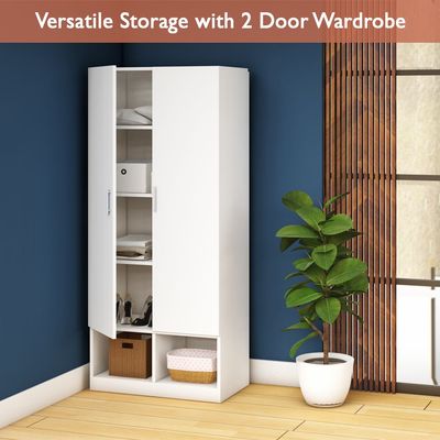 Mahmayi Modern 2 Door Wardrobe, Ample Space with Durable Design, Multiple Versatile Shelves for Clothes and Accessories, Home and Bedroom Furniture - White