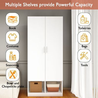 Mahmayi Modern 2 Door Wardrobe, Ample Space with Durable Design, Multiple Versatile Shelves for Clothes and Accessories, Home and Bedroom Furniture - White