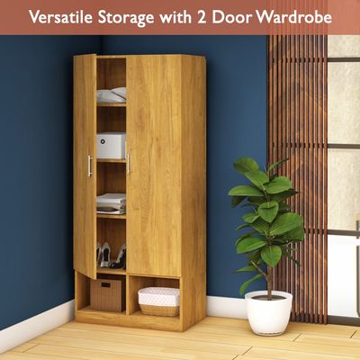 Mahmayi Modern 2 Door Wardrobe, Ample Space with Durable Design, Multiple Versatile Shelves for Clothes and Accessories, Home and Bedroom Furniture - Light Walnut