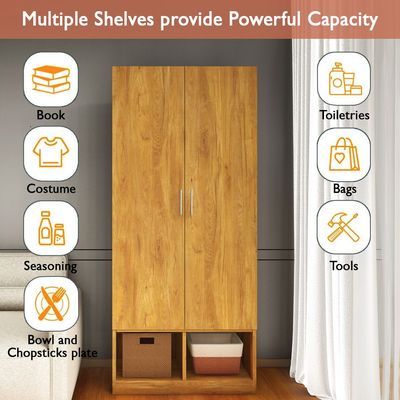 Mahmayi Modern 2 Door Wardrobe, Ample Space with Durable Design, Multiple Versatile Shelves for Clothes and Accessories, Home and Bedroom Furniture - Light Walnut