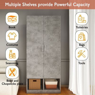 Mahmayi Modern 2 Door Wardrobe, Ample Space with Durable Design, Multiple Versatile Shelves for Clothes and Accessories, Home and Bedroom Furniture - Light Concrete
