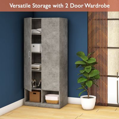 Mahmayi Modern 2 Door Wardrobe, Ample Space with Durable Design, Multiple Versatile Shelves for Clothes and Accessories, Home and Bedroom Furniture - Light Concrete