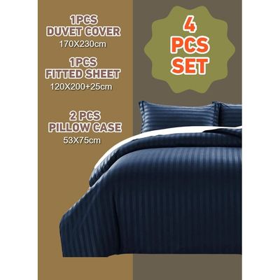 4 Pieces Striped Single Duvet Cover Set - Navy Blue