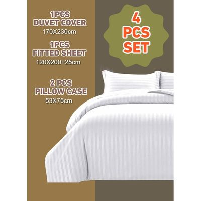 4 Pieces Striped Single Duvet Cover Set - White