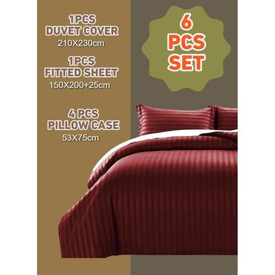 6 Pieces Striped Queen Duvet Cover Set - Maroon