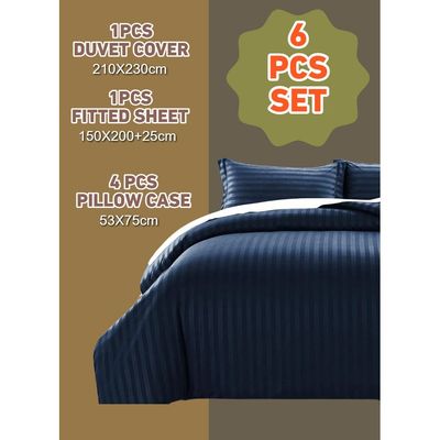 6 Pieces Striped Queen Duvet Cover Set - Navy Blue