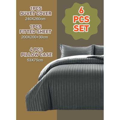 6 Pieces Striped Super King Duvet Cover Set - Dark Grey
