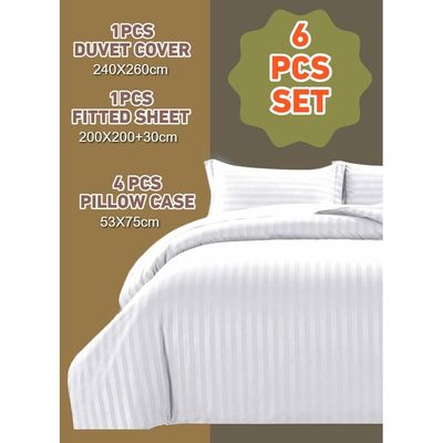 6 Pieces Striped Super King Duvet Cover Set - White