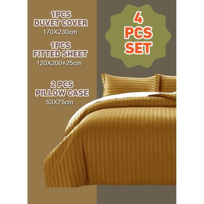 4 Pieces Single Size Duvet Cover Set with Fitted sheet and Pillowcases - Gold