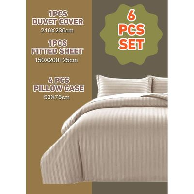 6 Pieces Queen Size Duvet Cover Set with Fitted sheet and Pillowcases - Beige