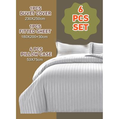 6 Pieces King Size Duvet Cover Set with Fitted sheet and Pillowcases - Silver
