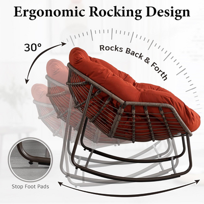 Large Indoor Outdoor Rocking Chair, Oversized Rocking Papasan Chair with Thick Cushion and Frame Outdoor Rocker, Comfy Wicker Egg Chairs Lounge for Outside Porch Patio Backyard Balcony (Red)