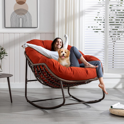Large Indoor Outdoor Rocking Chair, Oversized Rocking Papasan Chair with Thick Cushion and Frame Outdoor Rocker, Comfy Wicker Egg Chairs Lounge for Outside Porch Patio Backyard Balcony (Red)
