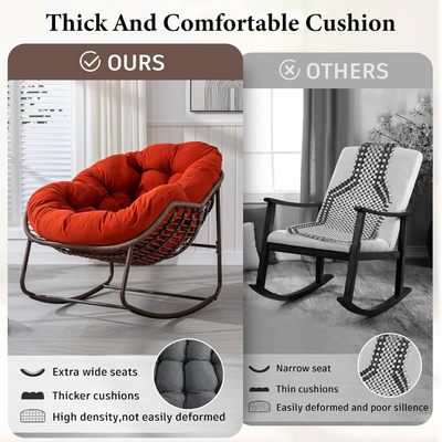 Large Indoor Outdoor Rocking Chair, Oversized Rocking Papasan Chair with Thick Cushion and Frame Outdoor Rocker, Comfy Wicker Egg Chairs Lounge for Outside Porch Patio Backyard Balcony (Red)