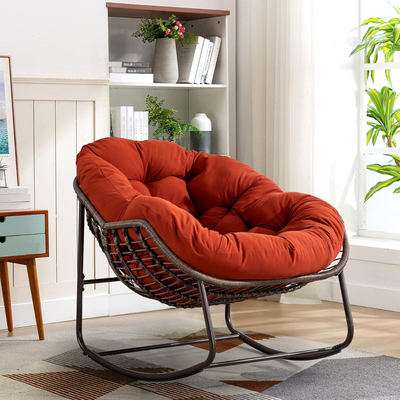 Large Indoor Outdoor Rocking Chair, Oversized Rocking Papasan Chair with Thick Cushion and Frame Outdoor Rocker, Comfy Wicker Egg Chairs Lounge for Outside Porch Patio Backyard Balcony (Red)