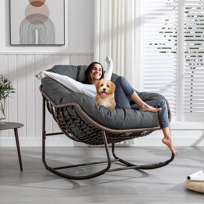 Large Indoor Outdoor Rocking Chair, Oversized Rocking Papasan Chair with Thick Cushion and Frame Outdoor Rocker, Comfy Wicker Egg Chairs Lounge for Outside Porch Patio Backyard Balcony (Dark Grey)