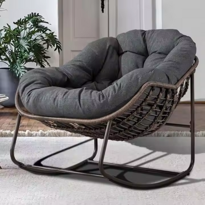 Large Indoor Outdoor Rocking Chair, Oversized Rocking Papasan Chair with Thick Cushion and Frame Outdoor Rocker, Comfy Wicker Egg Chairs Lounge for Outside Porch Patio Backyard Balcony (Dark Grey)
