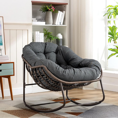 Large Indoor Outdoor Rocking Chair, Oversized Rocking Papasan Chair with Thick Cushion and Frame Outdoor Rocker, Comfy Wicker Egg Chairs Lounge for Outside Porch Patio Backyard Balcony (Dark Grey)