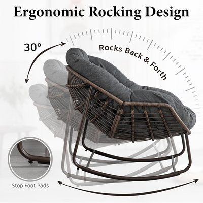 Large Indoor Outdoor Rocking Chair, Oversized Rocking Papasan Chair with Thick Cushion and Frame Outdoor Rocker, Comfy Wicker Egg Chairs Lounge for Outside Porch Patio Backyard Balcony (Dark Grey)