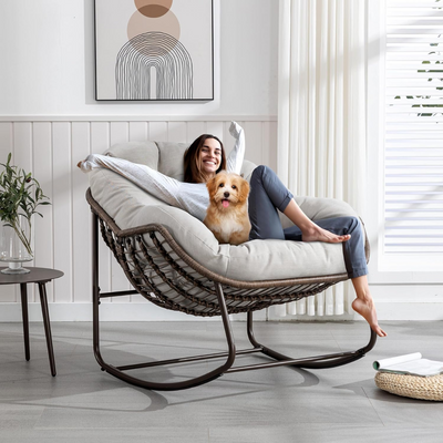 Large Indoor Outdoor Rocking Chair, Oversized Rocking Papasan Chair with Thick Cushion and Frame Outdoor Rocker, Comfy Wicker Egg Chairs Lounge for Outside Porch Patio Backyard Balcony (Light Grey)