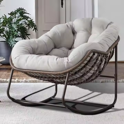 Large Indoor Outdoor Rocking Chair, Oversized Rocking Papasan Chair with Thick Cushion and Frame Outdoor Rocker, Comfy Wicker Egg Chairs Lounge for Outside Porch Patio Backyard Balcony (Light Grey)