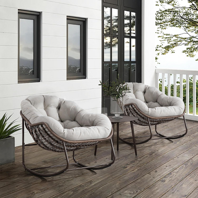 Large Indoor Outdoor Rocking Chair, Oversized Rocking Papasan Chair with Thick Cushion and Frame Outdoor Rocker, Comfy Wicker Egg Chairs Lounge for Outside Porch Patio Backyard Balcony (Light Grey)