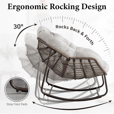 Large Indoor Outdoor Rocking Chair, Oversized Rocking Papasan Chair with Thick Cushion and Frame Outdoor Rocker, Comfy Wicker Egg Chairs Lounge for Outside Porch Patio Backyard Balcony (Light Grey)
