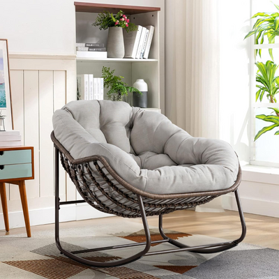 Large Indoor Outdoor Rocking Chair, Oversized Rocking Papasan Chair with Thick Cushion and Frame Outdoor Rocker, Comfy Wicker Egg Chairs Lounge for Outside Porch Patio Backyard Balcony (Light Grey)