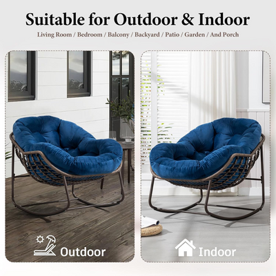 Large Indoor Outdoor Rocking Chair, Oversized Rocking Papasan Chair with Thick Cushion and Frame Outdoor Rocker, Comfy Wicker Egg Chairs Lounge for Outside Porch Patio Backyard Balcony (Blue)