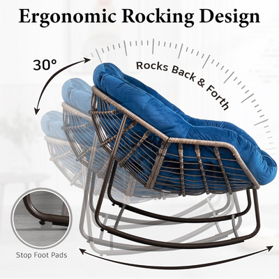 Large Indoor Outdoor Rocking Chair, Oversized Rocking Papasan Chair with Thick Cushion and Frame Outdoor Rocker, Comfy Wicker Egg Chairs Lounge for Outside Porch Patio Backyard Balcony (Blue)