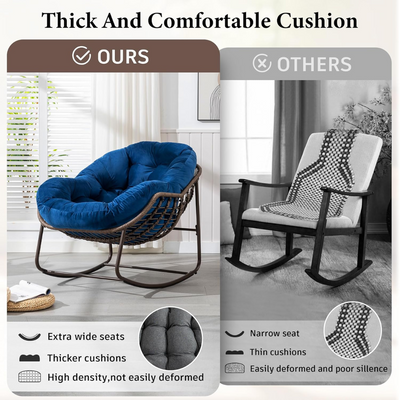Large Indoor Outdoor Rocking Chair, Oversized Rocking Papasan Chair with Thick Cushion and Frame Outdoor Rocker, Comfy Wicker Egg Chairs Lounge for Outside Porch Patio Backyard Balcony (Blue)