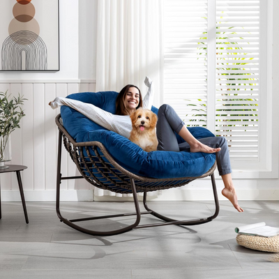 Large Indoor Outdoor Rocking Chair, Oversized Rocking Papasan Chair with Thick Cushion and Frame Outdoor Rocker, Comfy Wicker Egg Chairs Lounge for Outside Porch Patio Backyard Balcony (Blue)