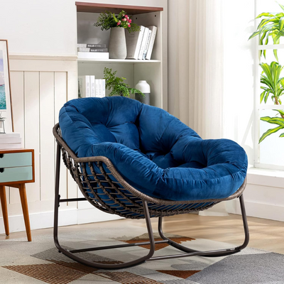 Large Indoor Outdoor Rocking Chair, Oversized Rocking Papasan Chair with Thick Cushion and Frame Outdoor Rocker, Comfy Wicker Egg Chairs Lounge for Outside Porch Patio Backyard Balcony (Blue)