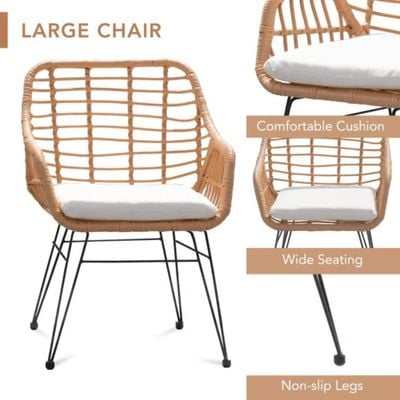Wooden Twist Modern Bistro Design Rattan & Steel Outdoor Dining Table Set with Cushions for Café, Restaurant, Patio, Garden