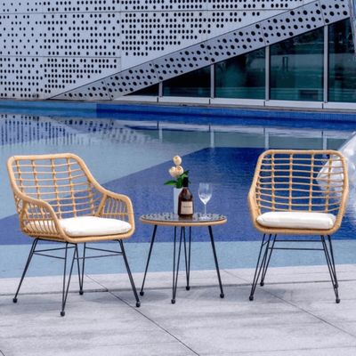 Wooden Twist Modern Bistro Design Rattan & Steel Outdoor Dining Table Set with Cushions for Café, Restaurant, Patio, Garden