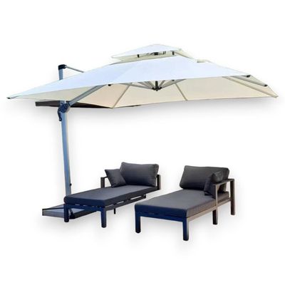 Wooden Twist Sunshade Aluminium Garden Umbrella with Rotating Handle Stylish Outdoor Patio Decor and UV-Resistant Canopy Off-White (3 x 3 Meter)