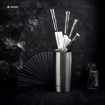 Samura Bamboo Knife Block Set With 4 Kitchen Knives: Paring Knife, Utility Knife, Slicing Knife, Chef’S Knife, Brush Block