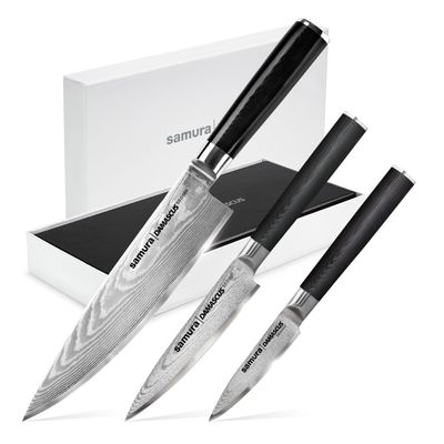 Samura Damascus Set Of 3 Kitchen Knives In A Gift Box: Paring Knife, Utility Knife, Chef'S Knife