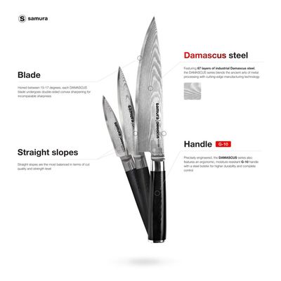 Samura Damascus Set Of 3 Kitchen Knives In A Gift Box: Paring Knife, Utility Knife, Chef'S Knife