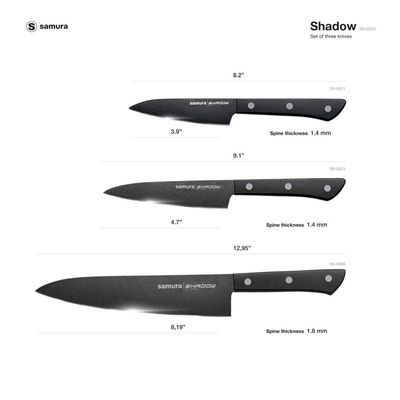 Samura Shadow Set Of 3 Kitchen Knives: Chef'S Knife, Utility Knife, Paring Knife With Black Non-Stick Coating