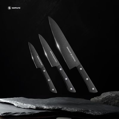 Samura Shadow Set Of 3 Kitchen Knives: Chef'S Knife, Utility Knife, Paring Knife With Black Non-Stick Coating