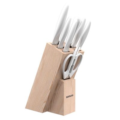 Samura Mojo Knife Block Set 8Pcs White: Paring, Utility, Fillet, Bread, Chef'S Knives, Honing Rod, Scissors, Wooden Knife Block