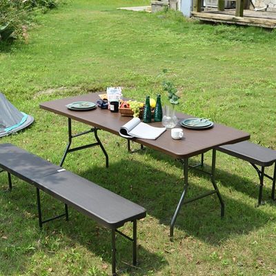 Jeffcoco Furniture Wood Design Outdoor Camping Table,Heavy Duty Plastic Outdoor Folding Picnic Table,Folding Trestle Table (1.8M Brown)