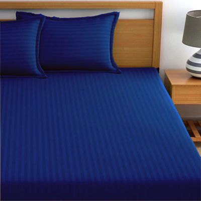 Extra Deep Fitted Bed Sheet +2Pcs Pillow Covers, King (180x200+30CM), Color Navy Blue