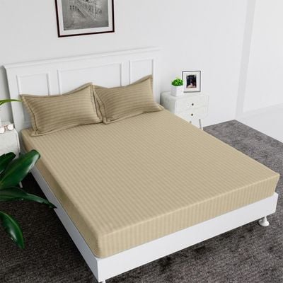 Extra Deep Fitted Bed Sheet +2Pcs Pillow Covers, Super king (200x200+30CM), Color Beige